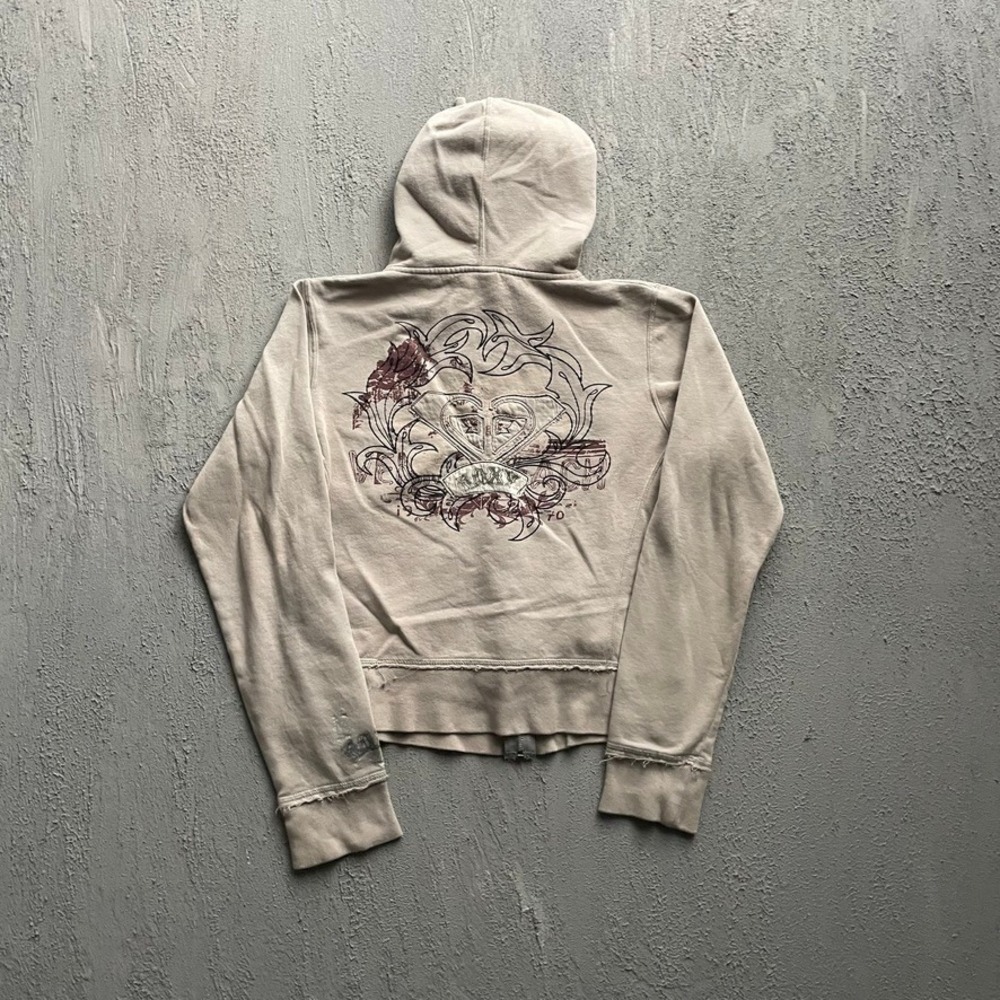 Vintage Graphic Zip Up Hoodie Women Large Tan 2000s Roxy
